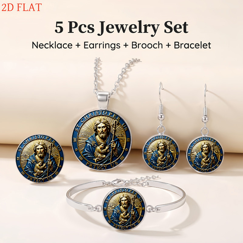 5pc St Christopher-Themed Women's Jewellery Set, Necklace, Earrings, Brooch & Bracelet